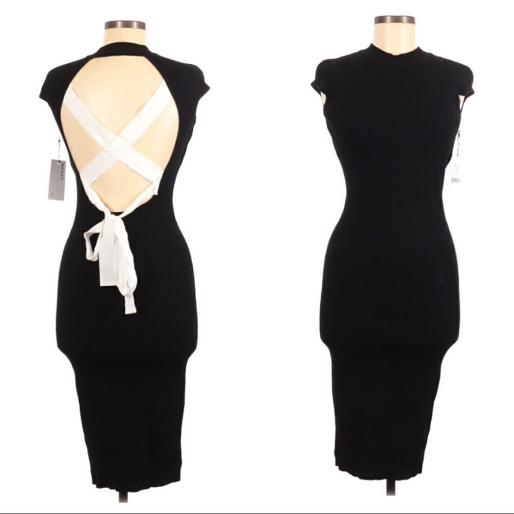 Bailey 44 Black Releve Strappy Open Back Bodycon Knit Cap Sleeve Dress Sz M